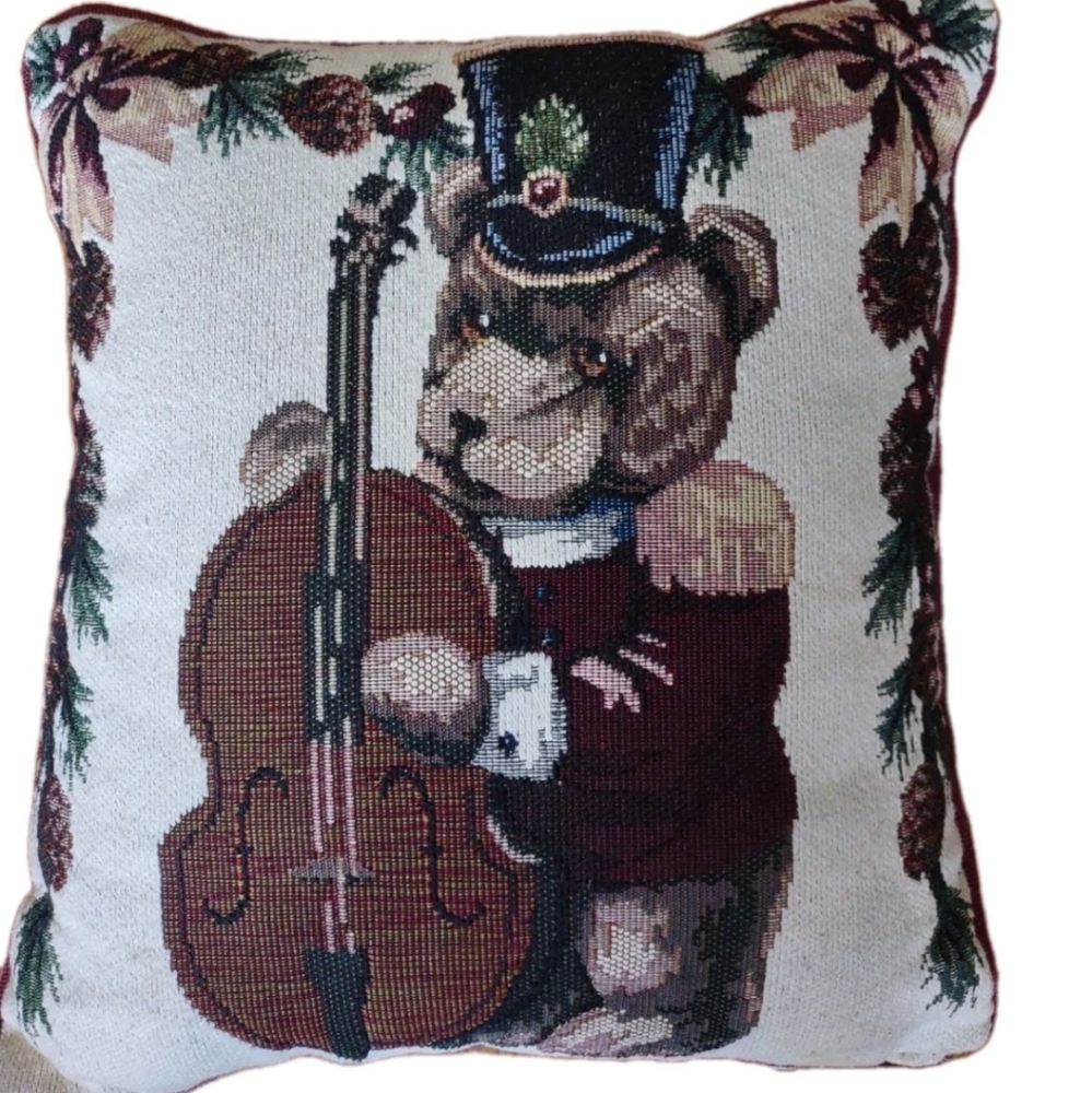 Dakotah Christmas Bear Tapestry Throw Pillow Bear W/Cello /Bass 11"X 12"